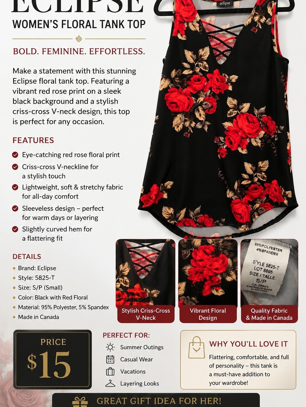 Eclipse Women's Floral Tank Top - Black with Red Floral